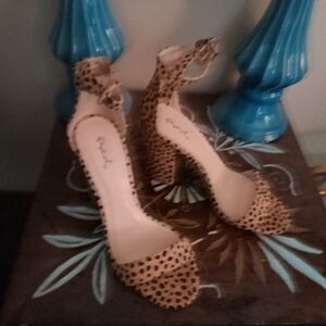 Qupid Leopard Print Ankle Strap Heels - Tan and Black